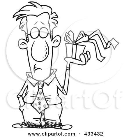 Royalty-Free (RF) Clipart Illustration Of Coloring Page Line Art Of A Man Holding A Gift Box by toonaday