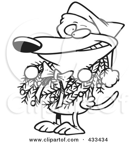 Royalty-Free (RF) Clipart Illustration Of Coloring Page Line Art Of A Dog Wearing A Christmas Wreath by toonaday