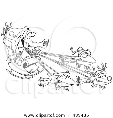 Royalty-Free (RF) Clipart Illustration Of Coloring Page Line Art Of A Crocodile Santa With Frog Reindeer by toonaday