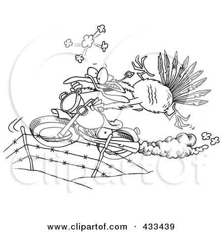 Royalty-Free (RF) Clipart Illustration Of Coloring Page Line Art Of A Turkey Bird Escaping On A Motorcycle by toonaday
