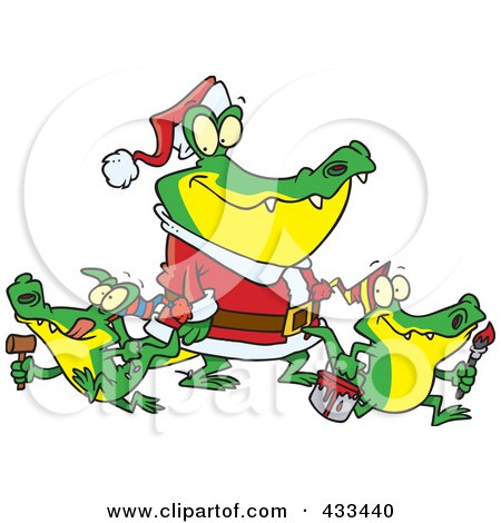 Royalty-Free (RF) Clipart Illustration Of An Alligator Santa With Little Gator Elves by toonaday