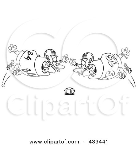Royalty-Free (RF) Clipart Illustration Of Coloring Page Line Art Of Football Players Diving Towards The Ball by toonaday
