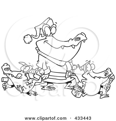 Royalty-Free (RF) Clipart Illustration Of Coloring Page Line Art Of An Alligator Santa With Little Gator Elves by toonaday