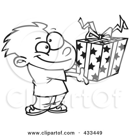 Royalty-Free (RF) Clipart Illustration Of Coloring Page Line Art Of A Boy Holding A Gift Box by toonaday
