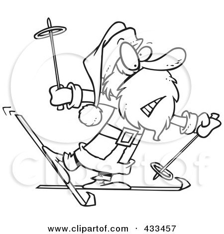 Royalty-Free (RF) Clipart Illustration Of Coloring Page Line Art Of A Nervous Santa Skiing by toonaday
