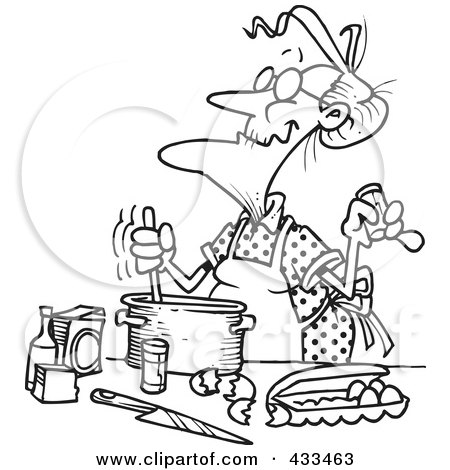 Royalty-Free (RF) Clipart Illustration Of Coloring Page Line Art Of An Old Woman Baking by toonaday