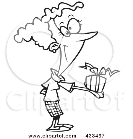 Royalty-Free (RF) Clipart Illustration Of Coloring Page Line Art Of A Woman Holding A Gift Box by toonaday