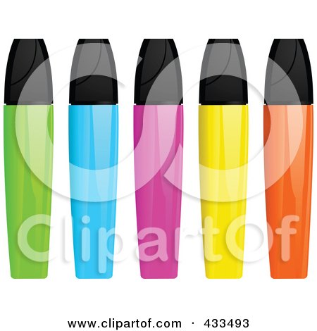 Royalty-Free (RF) Clipart Illustration Of A Digital Collage Of Green, Blue, Pink, Yellow And Orange Highlighter Markers by elaineitalia