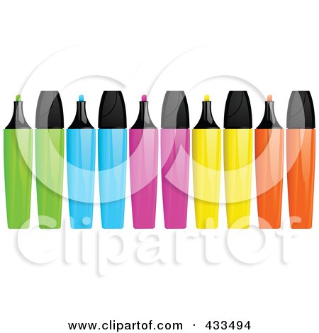 Royalty-Free (RF) Clipart Illustration Of A Digital Collage Of Green, Blue, Pink, Yellow And Orange Highlighter Markers With Caps On And Off by elaineitalia