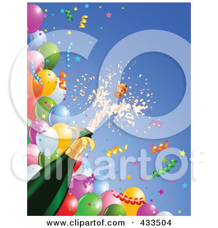 Royalty-Free (RF) Clipart Illustration Of A Champagne Bottle Bursting Over Balloons And Confetti Ribbons On Blue by Pushkin