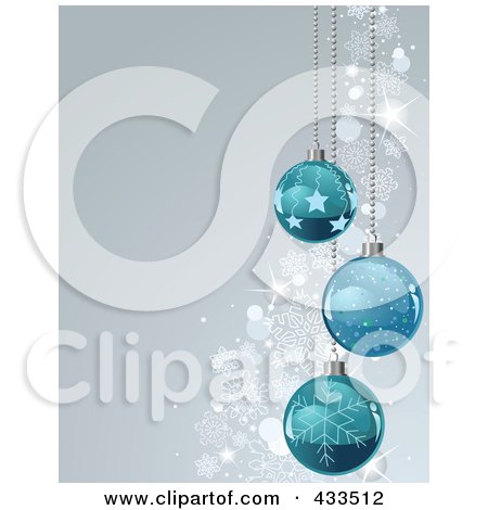 Royalty-Free (RF) Clipart Illustration Of A Gray Christmas Background With Snowflake Waves And Blue Baubles by Pushkin