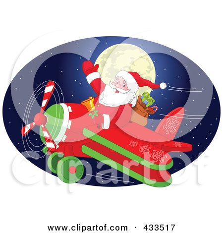 Royalty-Free (RF) Clipart Illustration Of Santa Flying In Front Of A Full Moon In A Blue Oval by Pushkin