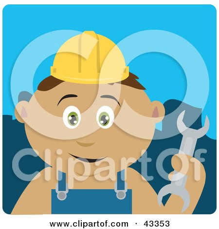 Clipart Illustration of a Hispanic Construction Worker Boy Holding A Wrench by Dennis Holmes Designs