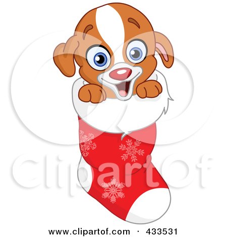 Royalty-Free (RF) Clipart Illustration of a Happy Puppy In A Christmas Stocking by yayayoyo