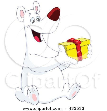 Royalty-Free (RF) Clipart Illustration of a Happy Polar Bear Holding A Christmas Gift by yayayoyo