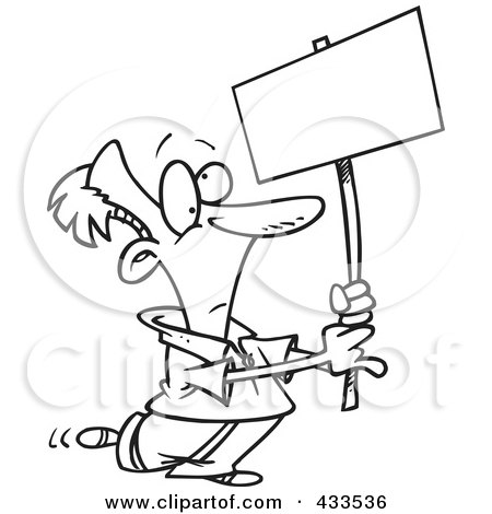 Royalty-Free (RF) Clipart Illustration Of Coloring Page Line Art Of A Cartoon Man Advertising With A Blank Sign by toonaday