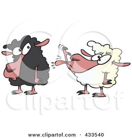 Royalty-Free (RF) Clipart Illustration Of A White Sheep Sticking Its Tongue Out At A Black Sheep by toonaday