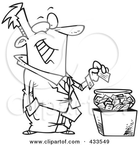 Royalty-Free (RF) Clipart Illustration of Coloring Page Line Art Of A Cartoon Businessman Putting His Card Into A Bowl For A Drawing by toonaday