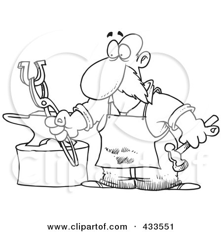Royalty-Free (RF) Clipart Illustration Of Coloring Page Line Art Of A Blacksmith Working On A Horseshoe by toonaday