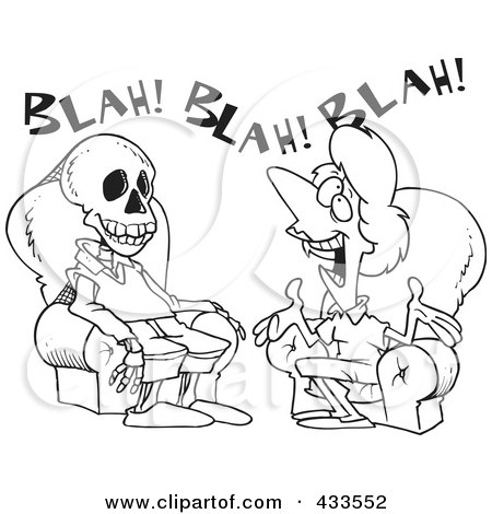Royalty-Free (RF) Clipart Illustration Of Coloring Page Line Art Of A Chatty Woman Talking A Man To Death by toonaday