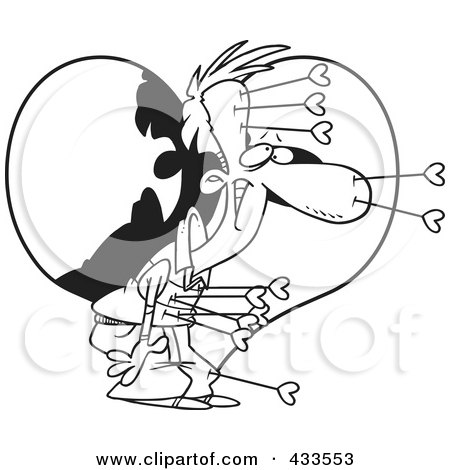 Royalty-Free (RF) Clipart Illustration Of Coloring Page Line Art Of A Man Struck With Love Arrows In Front Of A Heart by toonaday