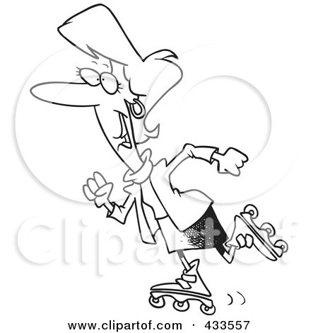 Royalty-Free (RF) Clipart Illustration Of Coloring Page Line Art Of A Happy Businesswoman Rollerblading by toonaday