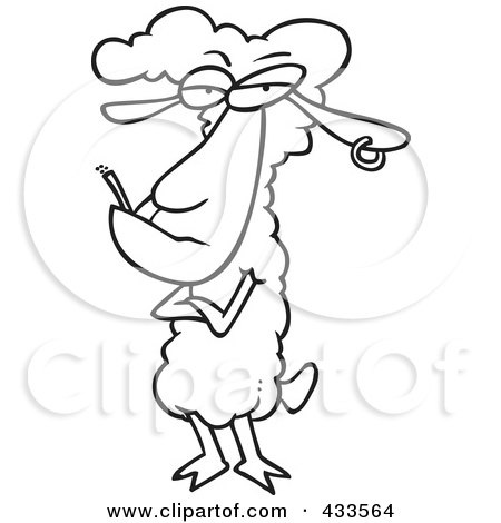 Royalty-Free (RF) Clipart Illustration Of Coloring Page Line Art Of A Sheep With An Earring And Cigarette by toonaday