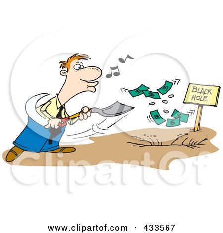 Royalty-Free (RF) Clipart Illustration of a Cartoon Businessman Whistling And Burying Money In A Black Hole by toonaday
