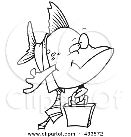 Royalty-Free (RF) Clipart Illustration Of Coloring Page Line Art Of A Business Fish Carrying A Briefcase by toonaday