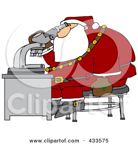 Royalty-Free (RF) Clipart Illustration of Santa Sitting On A Stool And Looking Through A Microscope by djart