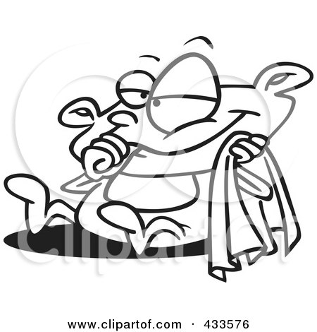 Royalty-Free (RF) Clipart Illustration Of Coloring Page Line Art Of A Cartoon Baby Holding A Blanket And Sucking His Thumb by toonaday