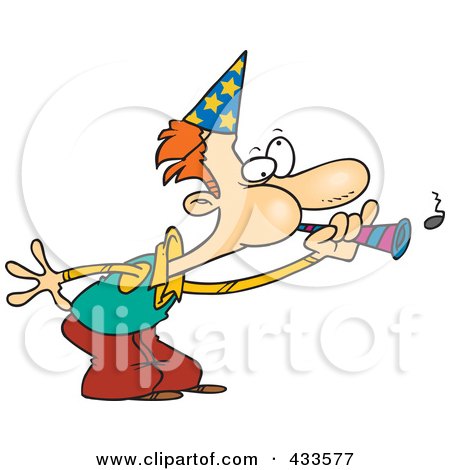 Royalty-Free (RF) Clipart Illustration Of A Cartoon Man Blowing A Party Horn by toonaday