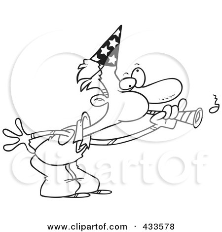 Royalty-Free (RF) Clipart Illustration Of Coloring Page Line Art Of A Cartoon Man Blowing A Party Horn by toonaday