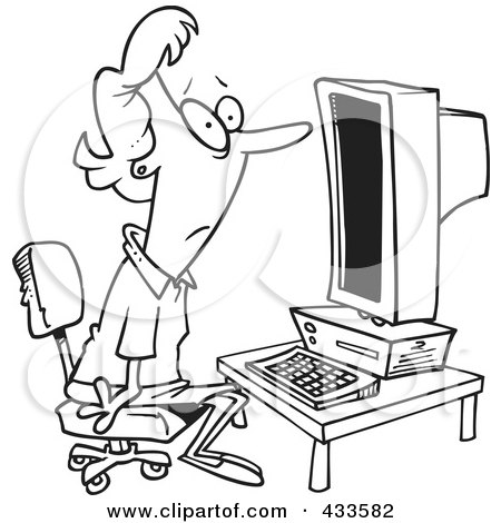 Royalty-Free (RF) Clipart Illustration Of Coloring Page Line Art Of A Woman Staring Blankly At A Computer by toonaday