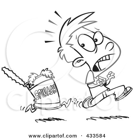 Royalty-Free (RF) Clipart Illustration Of Coloring Page Line Art Of A Can Of Spinach Chasing A Boy by toonaday