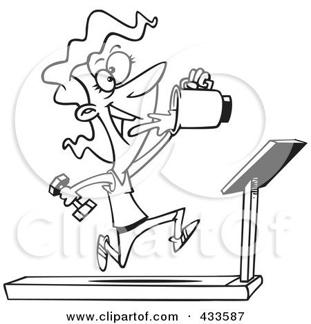 Royalty-Free (RF) Clipart Illustration Of Coloring Page Line Art Of A Fit Woman Running On A Treadmill And Drinking Juice From A Blender by toonaday