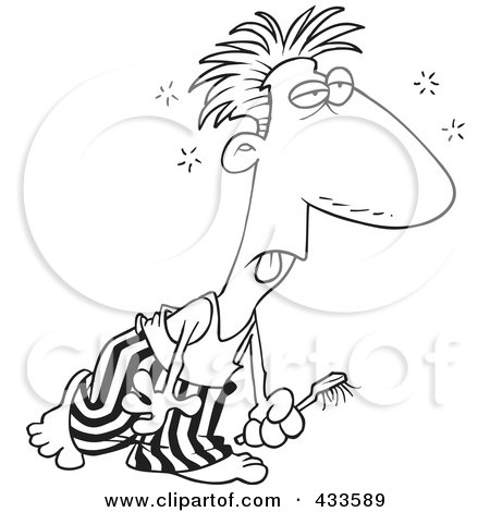 Royalty-Free (RF) Clipart Illustration Of Coloring Page Line Art Of A Cartoon Man Dragging Himself To Brush His Teeth by toonaday