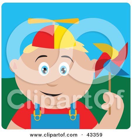Clipart Illustration of a Happy Blond Caucasian Boy Playing With A Pinwheel by Dennis Holmes Designs