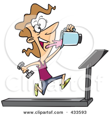 Royalty-Free (RF) Clipart Illustration Of A Fit Woman Running On A Treadmill And Drinking Juice From A Blender by toonaday
