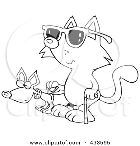 Royalty-Free (RF) Clipart Illustration Of Coloring Page Line Art Of A Blind Cat Using An Assistance Dog by toonaday