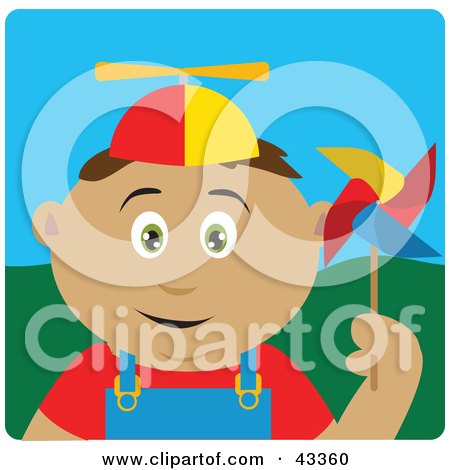 Clipart Illustration of a Happy Hispanic Boy Playing With A Pinwheel by Dennis Holmes Designs