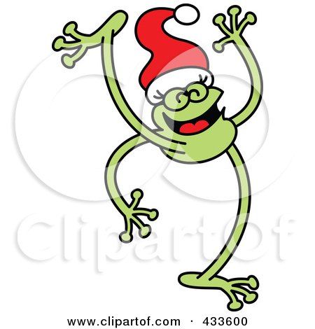 Royalty-Free (RF) Clipart Illustration of a Happy Christmas Frog Dancing And Wearing A Santa Hat by Zooco
