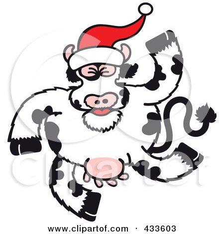 Royalty-Free (RF) Clipart Illustration of a Christmas Cow Wearing A Santa Hat And Dancing by Zooco