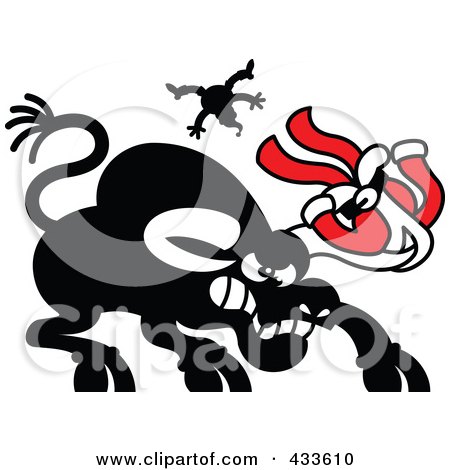Royalty-Free (RF) Clipart Illustration of a Black Bull Tossing Santa, With Santa's Suit Stuck On His Horns by Zooco