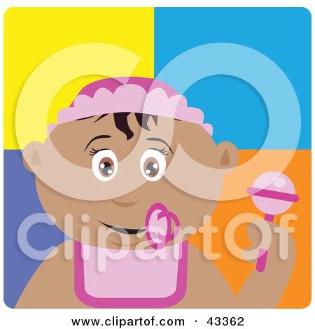 Clipart Illustration of a Hispanic Baby Girl With A Pacifier, Bib And Rattle by Dennis Holmes Designs