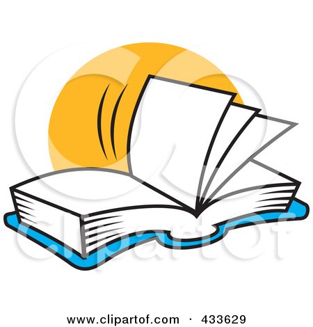 Royalty-Free (RF) Clipart Illustration of a Blue Open Book With Blank Pages With A Yellow Circle by Johnny Sajem