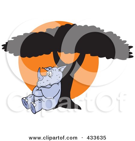 Royalty-Free (RF) Clipart Illustration of a Pouting Rhino Leaning Against A Tree Against An Orange Sun by Johnny Sajem