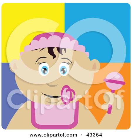 Clipart Illustration of a Mexican Baby Girl With A Pacifier, Bib And Rattle by Dennis Holmes Designs