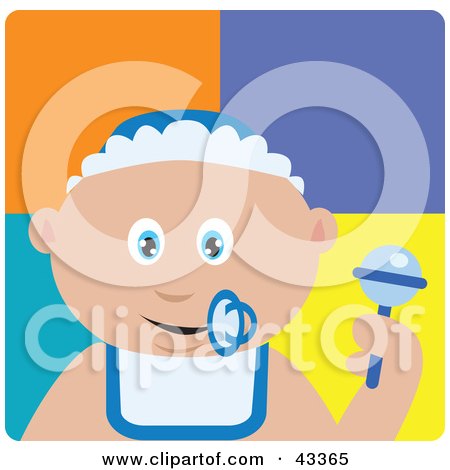 Clipart Illustration of a Caucasian Baby Boy With A Pacifier, Bib And Rattle by Dennis Holmes Designs