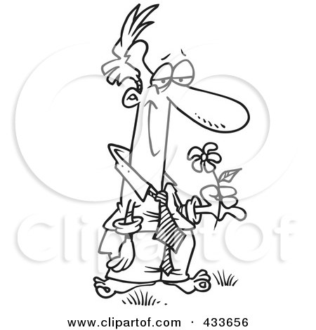 Royalty-Free (RF) Clipart Illustration Of Coloring Page Line Art Of A Blissful Man Standing Barefoot And Holding A Flower by toonaday